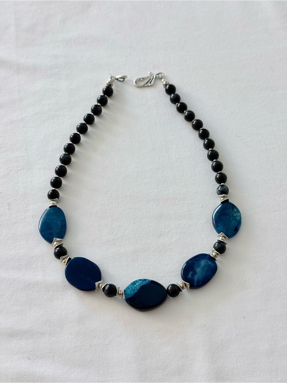 Oval Blue Crackle Agate & Tiger-Eye Gem Statement Necklace With Silver Accent
